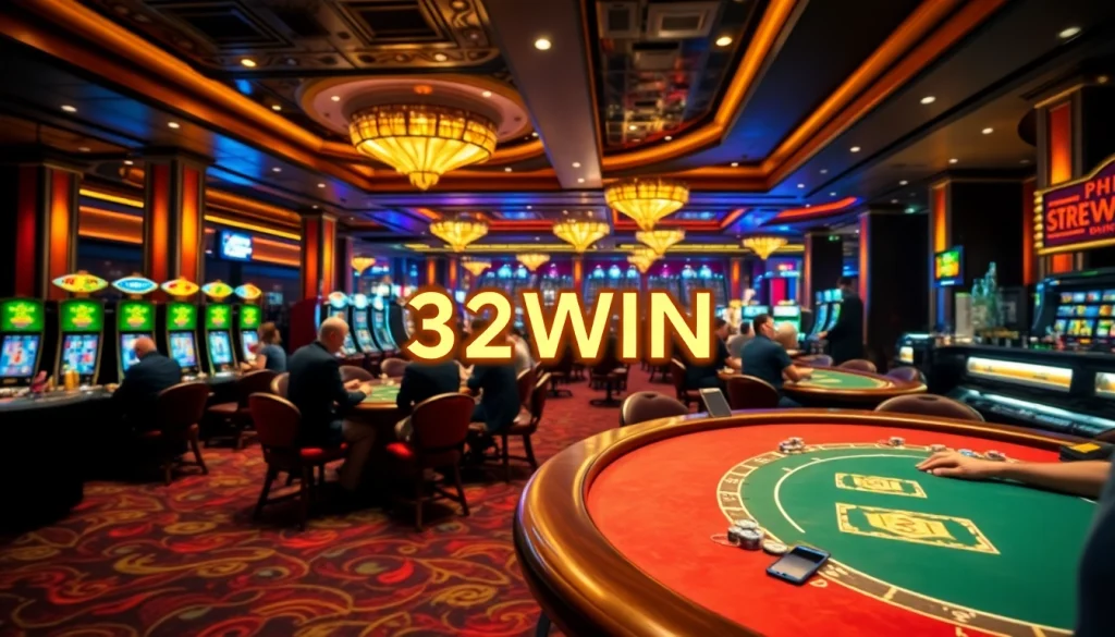 A lively casino scene with players enjoying poker and blackjack, showcasing "32WIN" branding amidst the excitement.