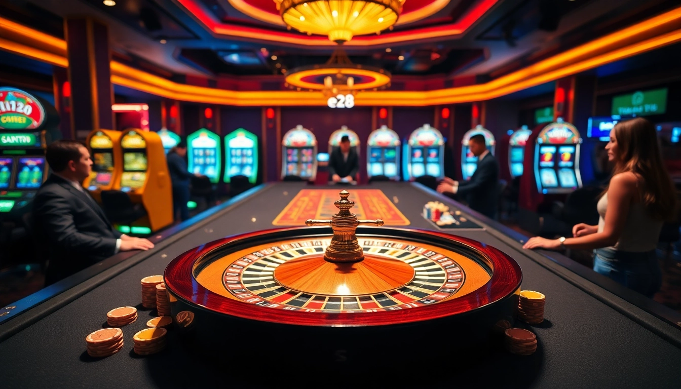 Experience the thrilling atmosphere of an e28 casino with vibrant gaming tables and players engaged in action.