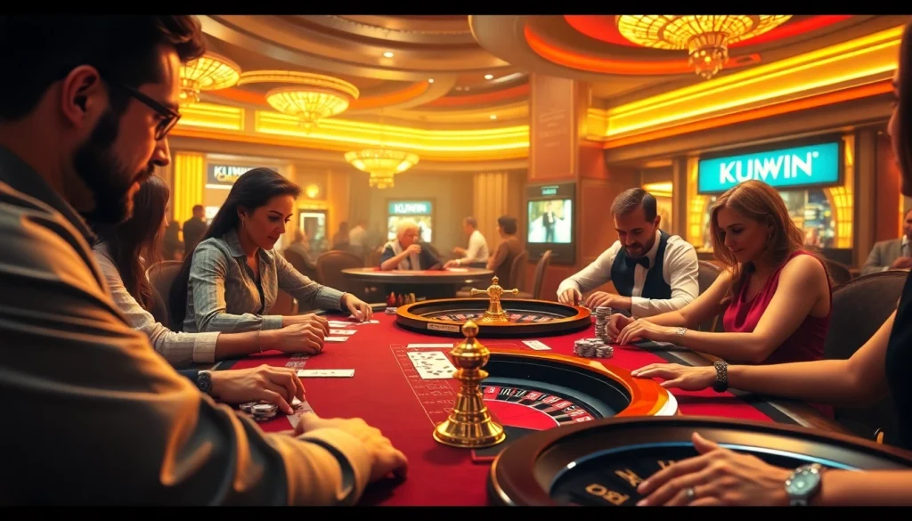 Excited players at a lavish casino table with KUWIN branding showcasing vibrant poker gameplay.