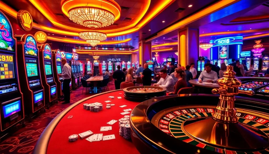 GO8 gaming experience featuring vibrant slot machines and an exciting poker table, showcasing a lively casino atmosphere.