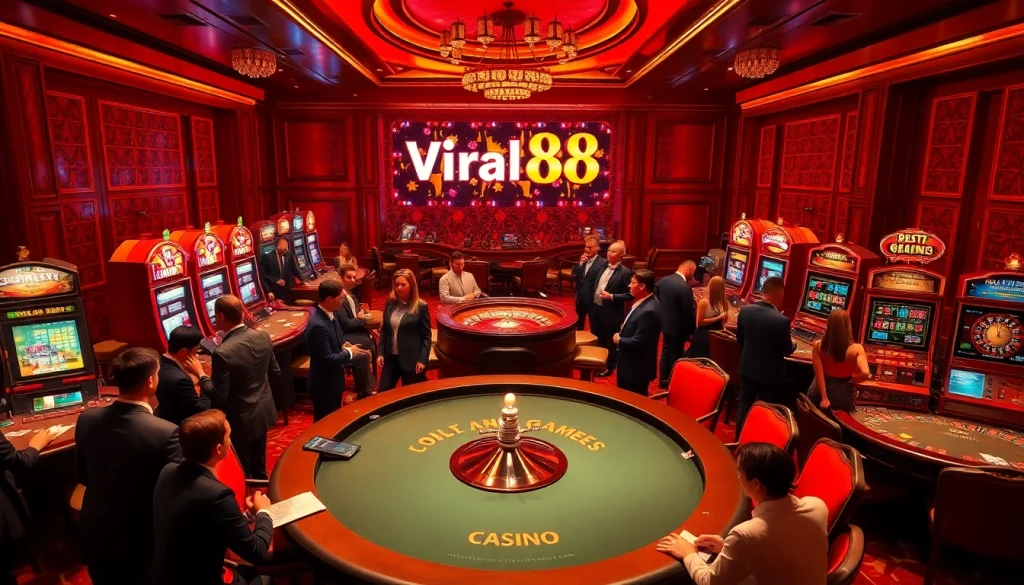 Exciting casino scene showcasing players at a blackjack table in a luxury setting, with Viral88 promoting thrilling gambling experiences.