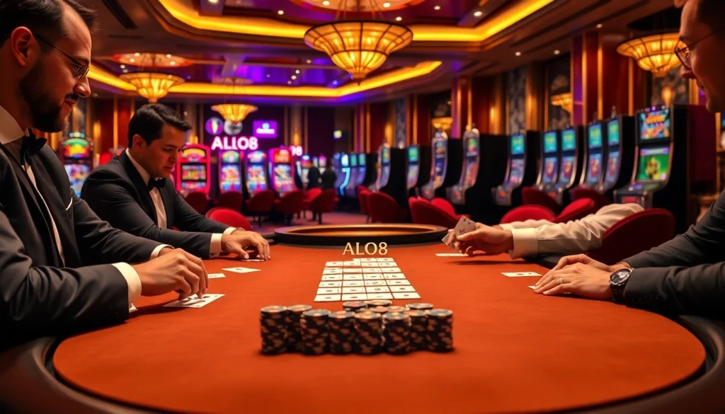 Experience the thrilling atmosphere of ALO8 poker tables packed with high-stakes action and glamour.