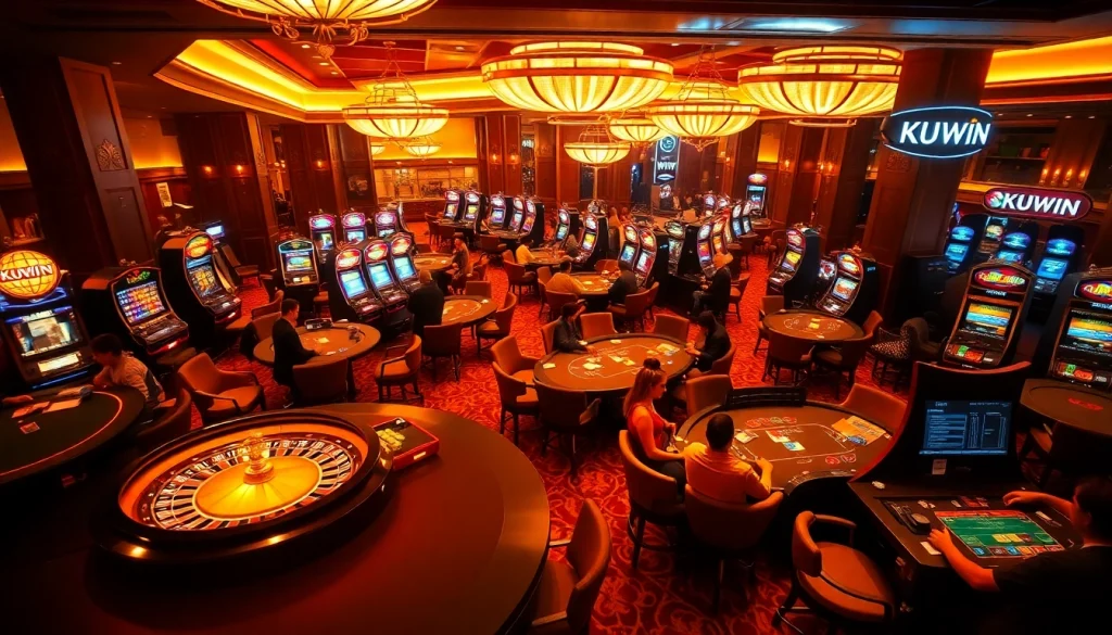 KUWIN casino scene featuring players at roulette and poker tables, showcasing excitement and winning potential.