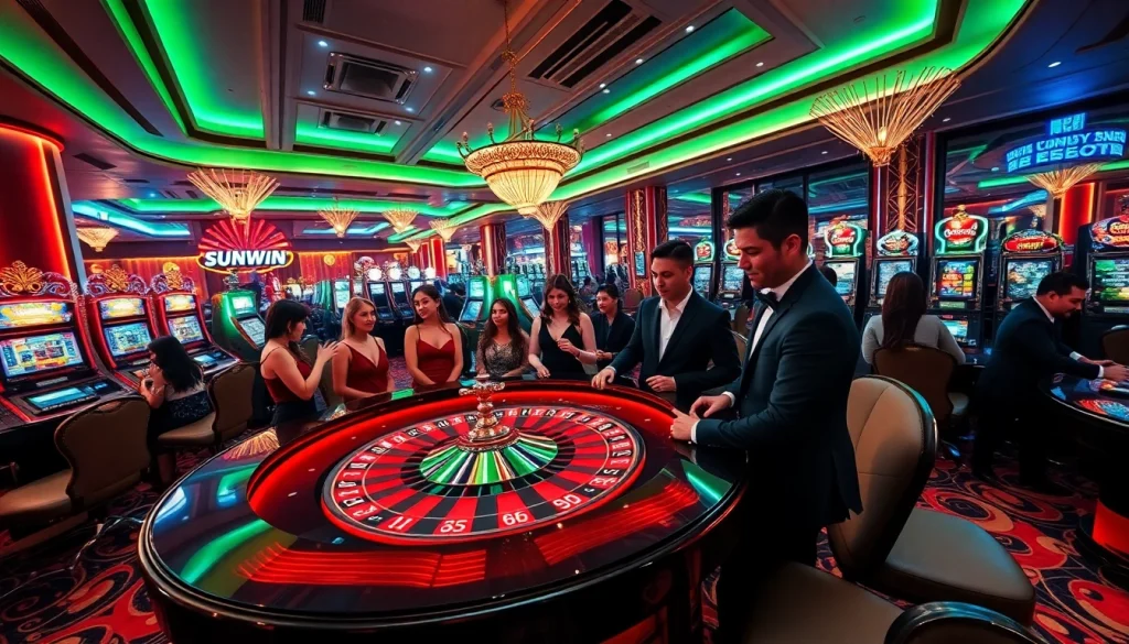 SUNWIN casino experience glow with roulette, poker chips, and slot machines.