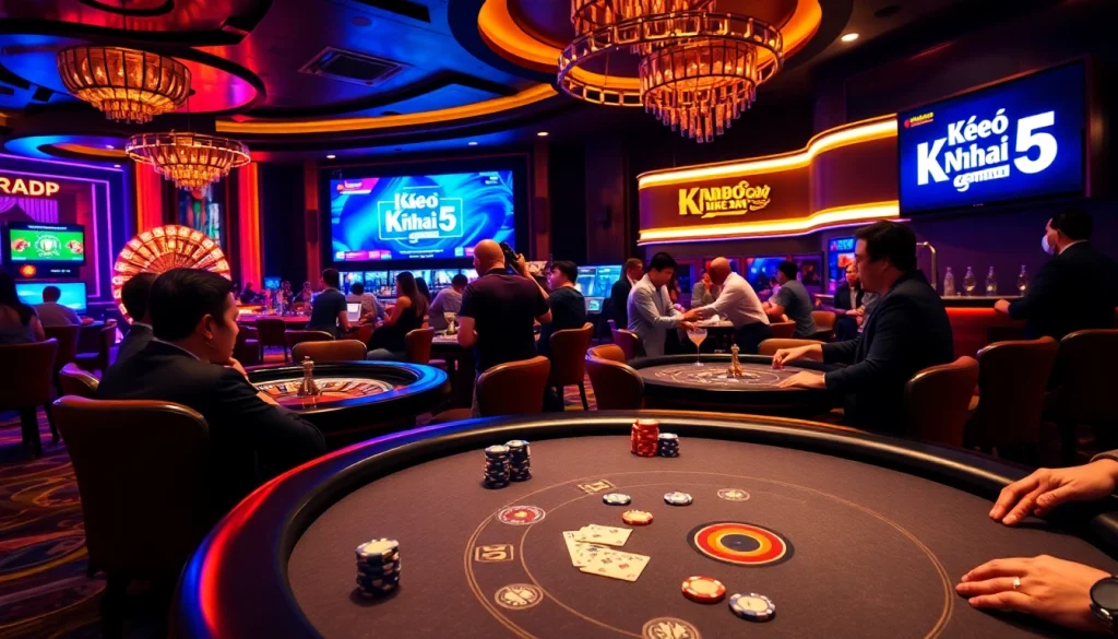 Kèo Nhà Cái 5 at a vibrant poker game, players focused on winning with colorful chips and cards.