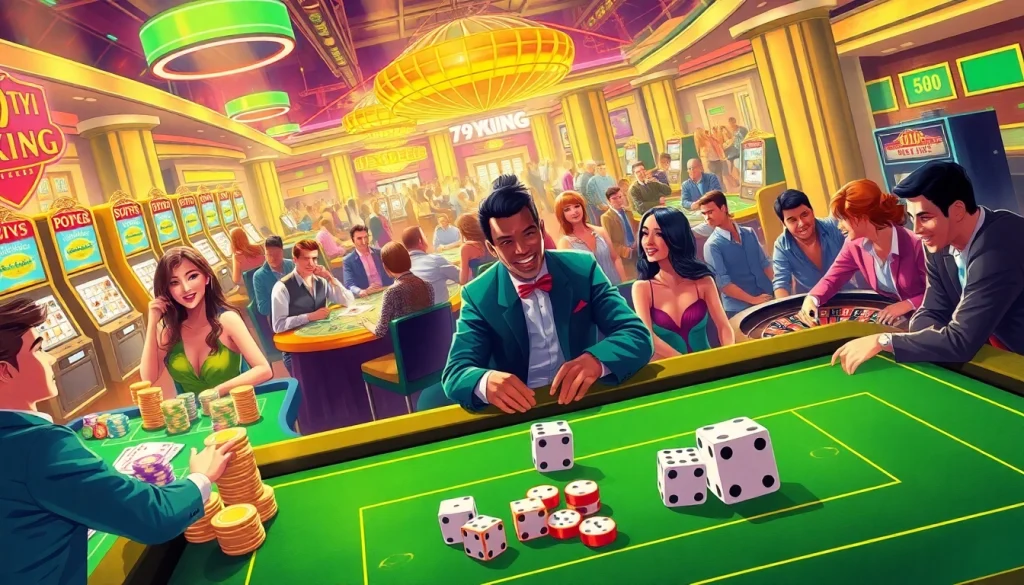 79KING players enjoying vibrant casino games, chips flying at poker and roulette tables.