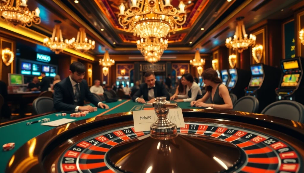 Nohu90 casino scene showcasing a thrilling poker game amidst luxury decor and roulette excitement.
