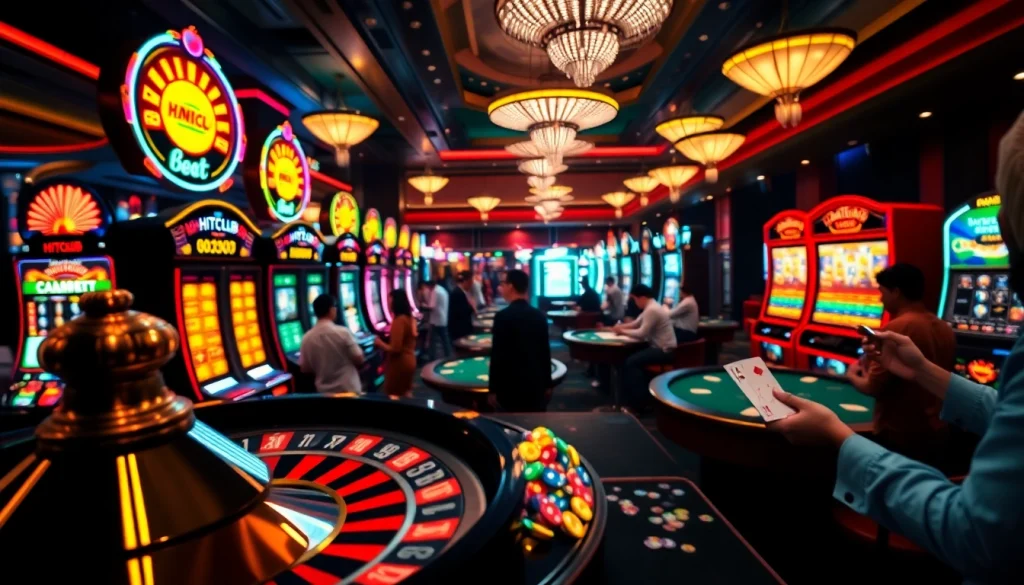 HITCLUB casino environment featuring vibrant slot machines and a spinning roulette wheel, capturing the thrill of gambling.