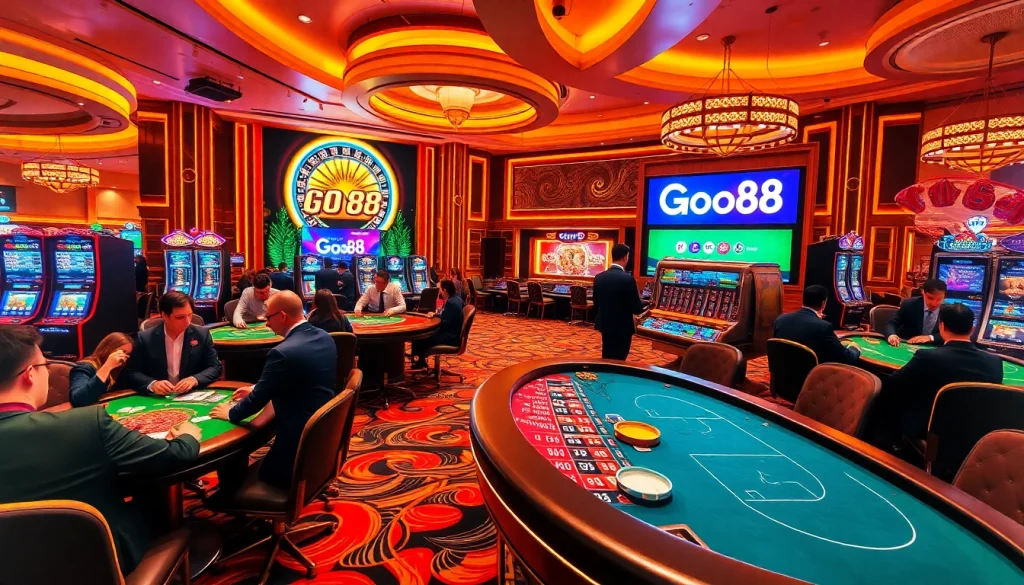 Experience the thrill of Go88 at a bustling casino with exciting blackjack and poker games.